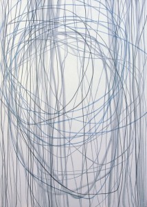 Black and Blue Lines in White - All Rising  <br> Oil on canvas  <br> 84 x 60 inches