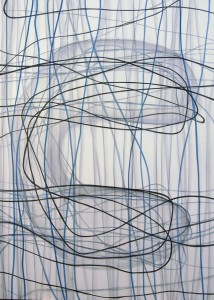 Black and Blue Lines in White - Two Floating Horizons <br> Oil on canvas  <br> 84 x 60 inches