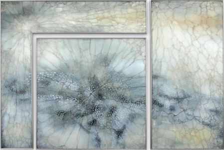 Asimi Kerma  <br> Mixed media on glass  <br> 40 x 61 inches