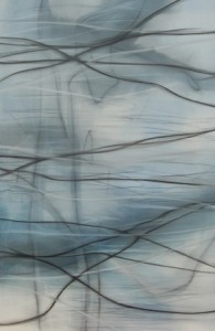 Black Lines in White and Blue  <br> Mixed media on canvas  <br> 58 x 38 inches