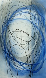Black and Blue Lines  <br> Mixed media on canvas  <br> 88 x 52 inches