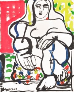 Woman & Flowered Pillow  <br> Mixed media on paper  <br> 23 x 18 inches