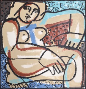Woman on Flowered Couch  <br> Mixed media on paper <br> 39.3 x 38.5 inches