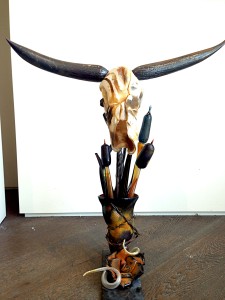 Longhorn in the Cattails <br> Hot Sculpted Glass <br> 24 x 23 inches