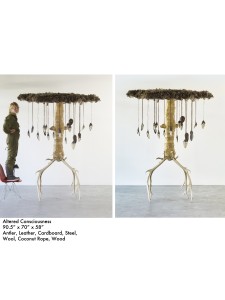 Altered Consciousness<br>Antler, Leather, Cardboard, Steel, Wool, Coconut Rope, Wood<br>90.5" x 70" x 58"
