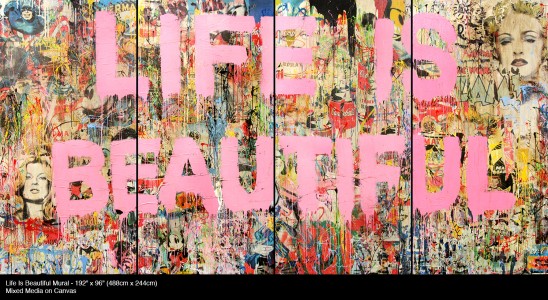 Life is Beautiful Mural<br> Mixed media on Canvas<br> 192 x 96 inches