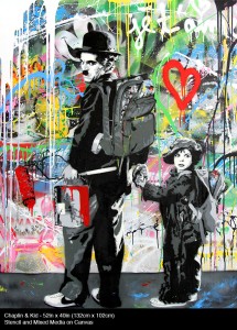 Chaplin & Kid<br>Stencil and Mixed Media on Canvas<br> 52 x 40 inches