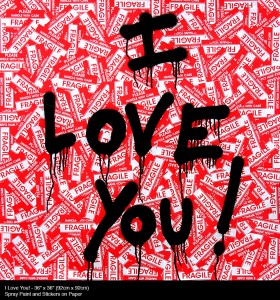 I Love You!<br>Spray Paint and Stickers on Paper<br> 36 x 36 inches