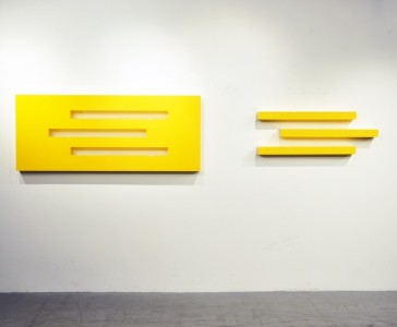 “Foundations, Yellow”<br> Medium: Automotive paint on wood and laminate<br> Dimensions (in): 28″ x 68″ x 4″<br> Dimensions (cm): 71.12 x 172.72 x 10.16<br> Edition: 1/1<br> Year: 2015