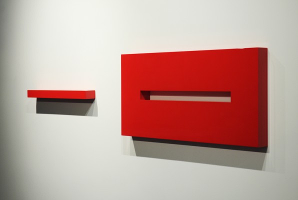Red Escape<br /> Automotive paint on wood and laminate<br /> 36 x 18 x 3″