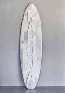 Kahuna<br>Beads, Fabric, Rhinestones with Acrylic on Foam Surfboard<br>24 x 91 x 4 inches