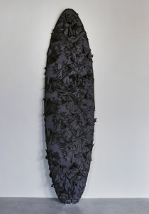 Origami<br>Fabric and Folded Fabric on Foam Surfboard<br>24 x 91 x 4 inches