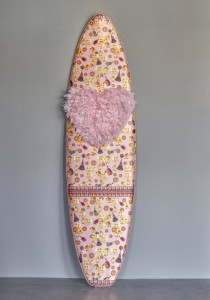 Chicken Heart<br>Silk, Fabric, Feathers on Foam Surfboard<br>24 x 91 x 4 inches