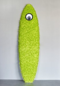 One Eye GreenFaux<br>Acrylic Fabric & Plastic on Foam Surfboard<br>24 x 91 x 4 inches